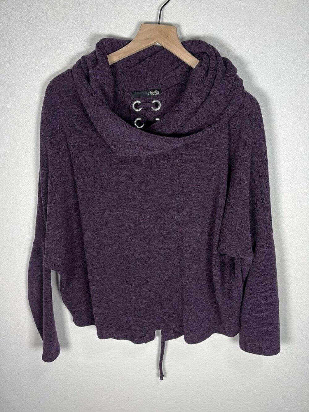 Ariella Women's Purple Oversized Cowl Neck Sweater Dolman Lace Up Back Size L